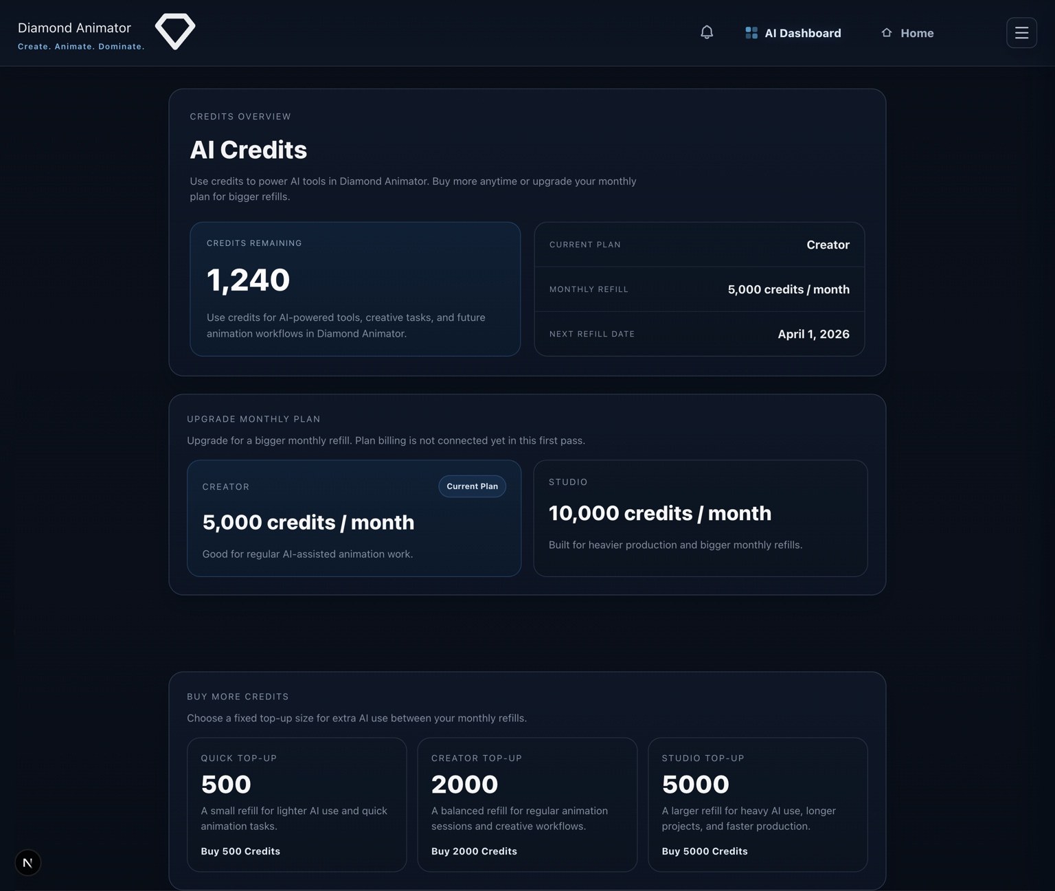 Diamond Animator AI credits dashboard